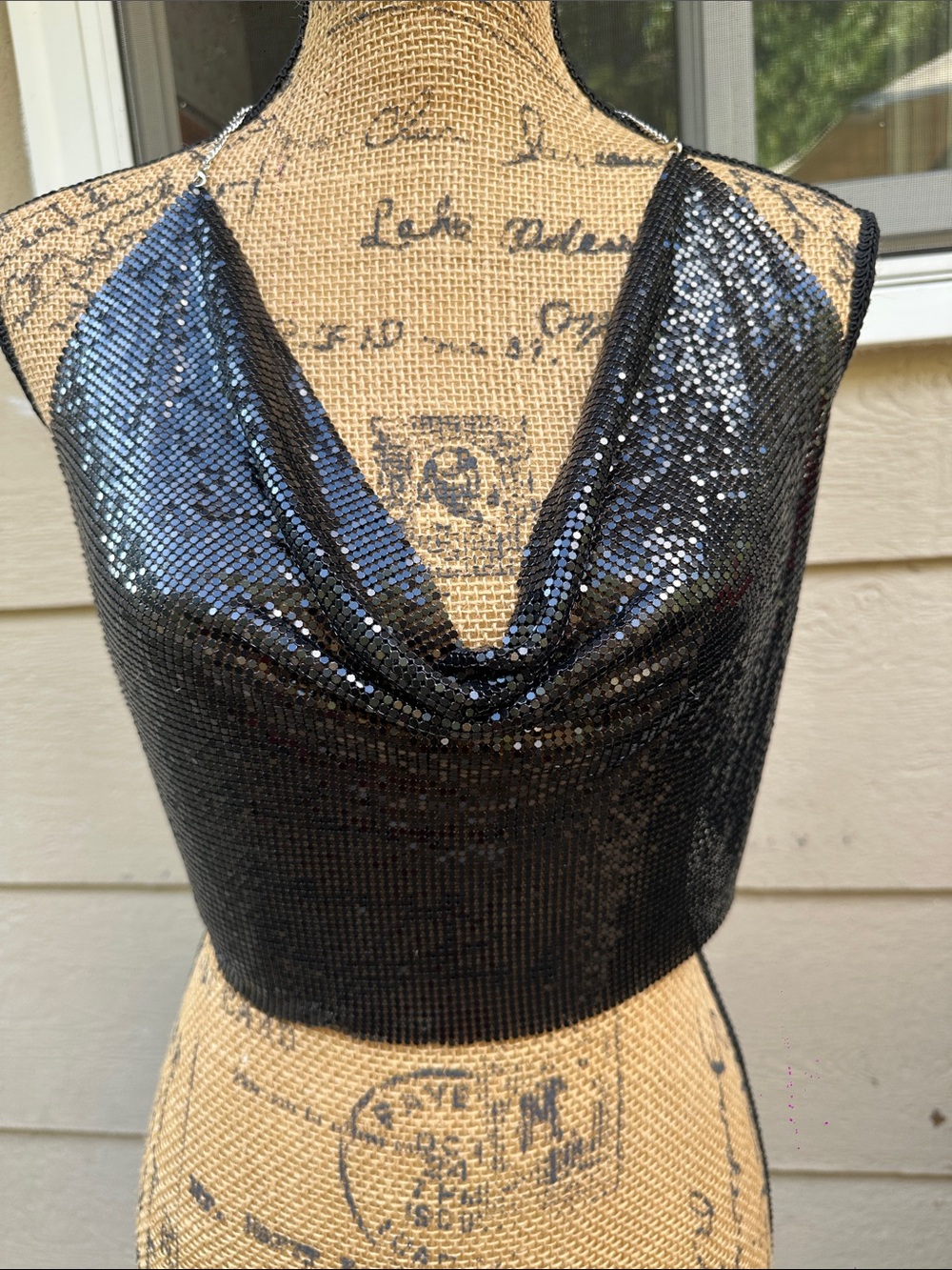 Metallic Black Sequin Cowl Crop Top